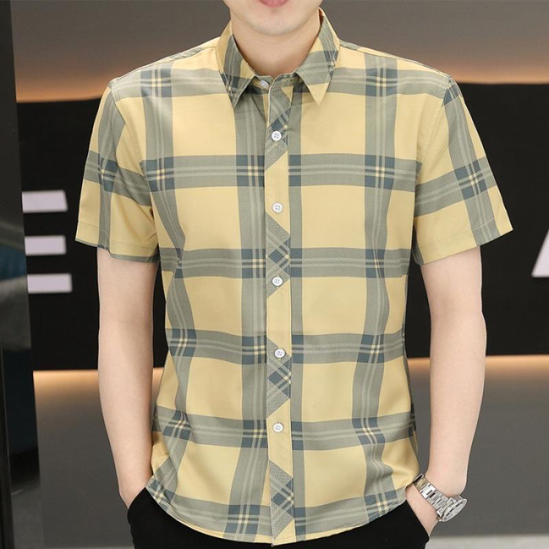 Summer Short-sleeved Shirt Men's Plaid Shirt Workwear Gangster Handsome Men's Ice Silk Casual Inch Shirt Tops