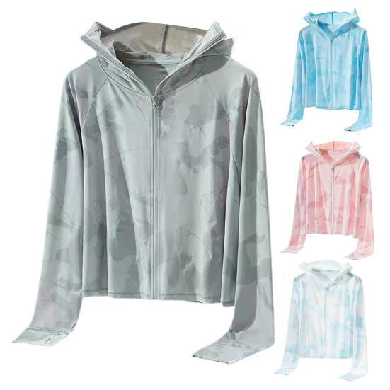 Kadın Güneş Koruyucu Mont Fermuarlı Açık Kapşonlu Yüz Boyun Koruması Buz İpek Anti-UV İnce Uzun Kollu Tie-dye Bisiklet Kamp Ceket