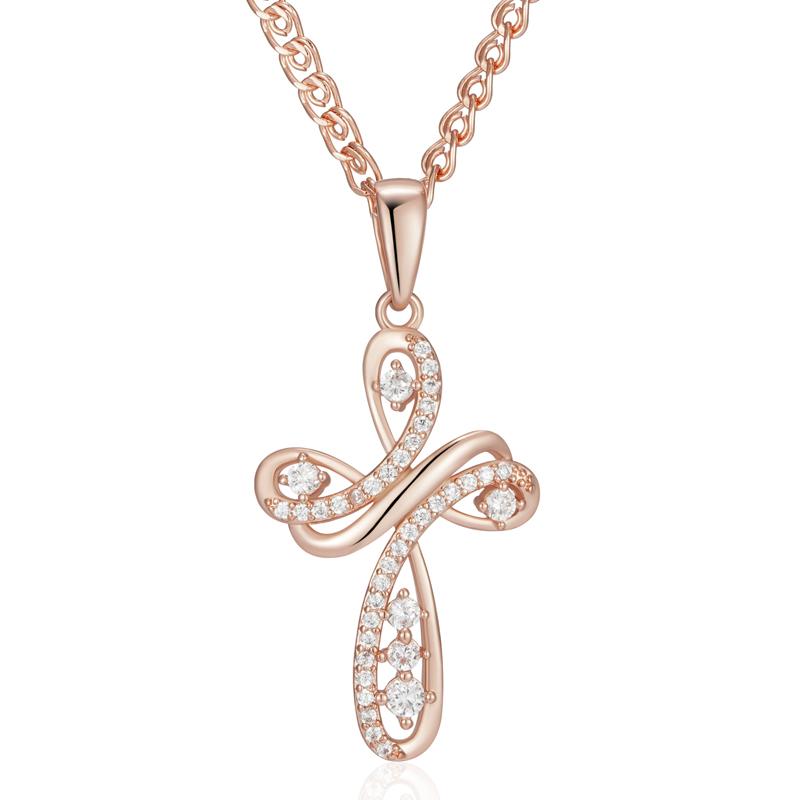 Exquisite Rosegoldfarbene Kreuz-Anhänger-Halsketten für Damen Glänzende Natürliche Zirkon-Accessoires Täglicher Feinschmuck white