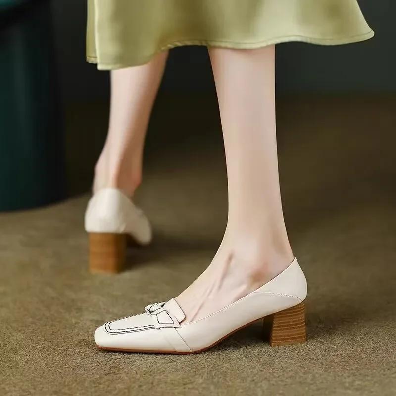Women Retro Bowknot High Heels Spring Autumn Fashion Elegant Square Toe Stiletto Chunky Heels Pumps Party Dress Casual Shoes