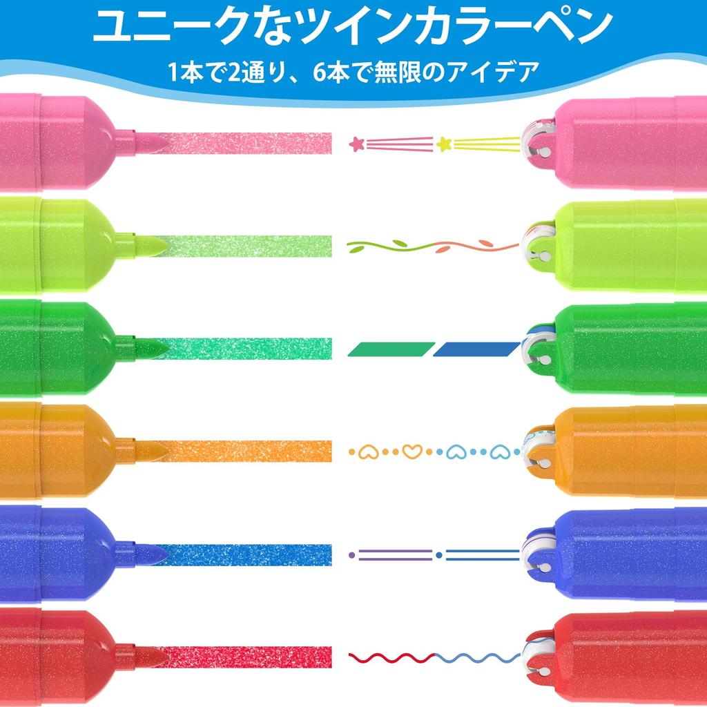Aechy Curved Line 6 Twin Roller Stamp Glitter Felt for and School Office Stationery Pen, 2-Color Marker, Patterns, Water-Based Head, & Tip,