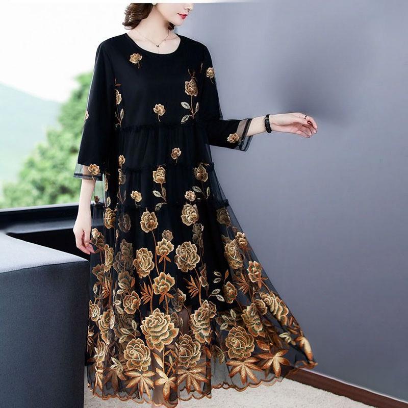 Rochie lungă rotundă brodată pentru femei, plasă, toamnă, largă, linie A, mărimi mari