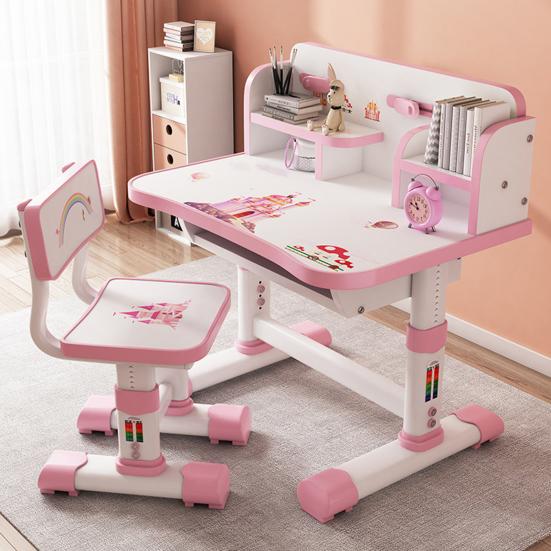 Kids Functional Desk and Chair Set Height Adjustable Children School Study Table Chair Set with Cartoon Pattern Ergonomic Desk Chair (Pink, Blue)