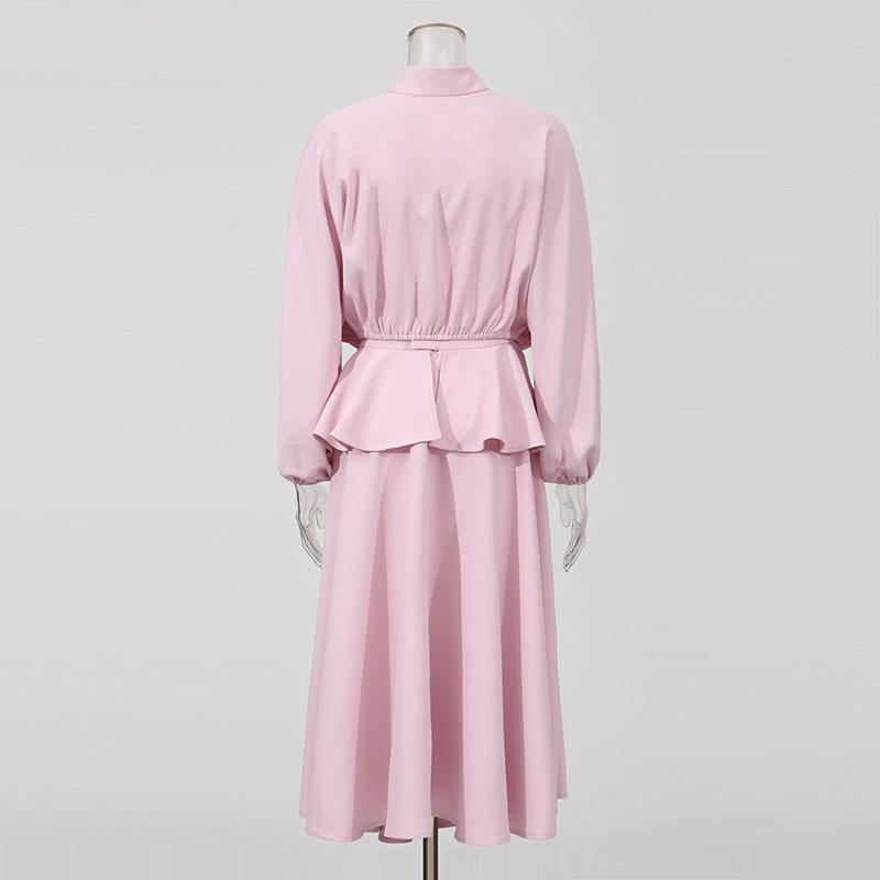 Fashion Brand Suit Pink Loose Long-sleeved Top + Ruffled Skirt Two-piece Set