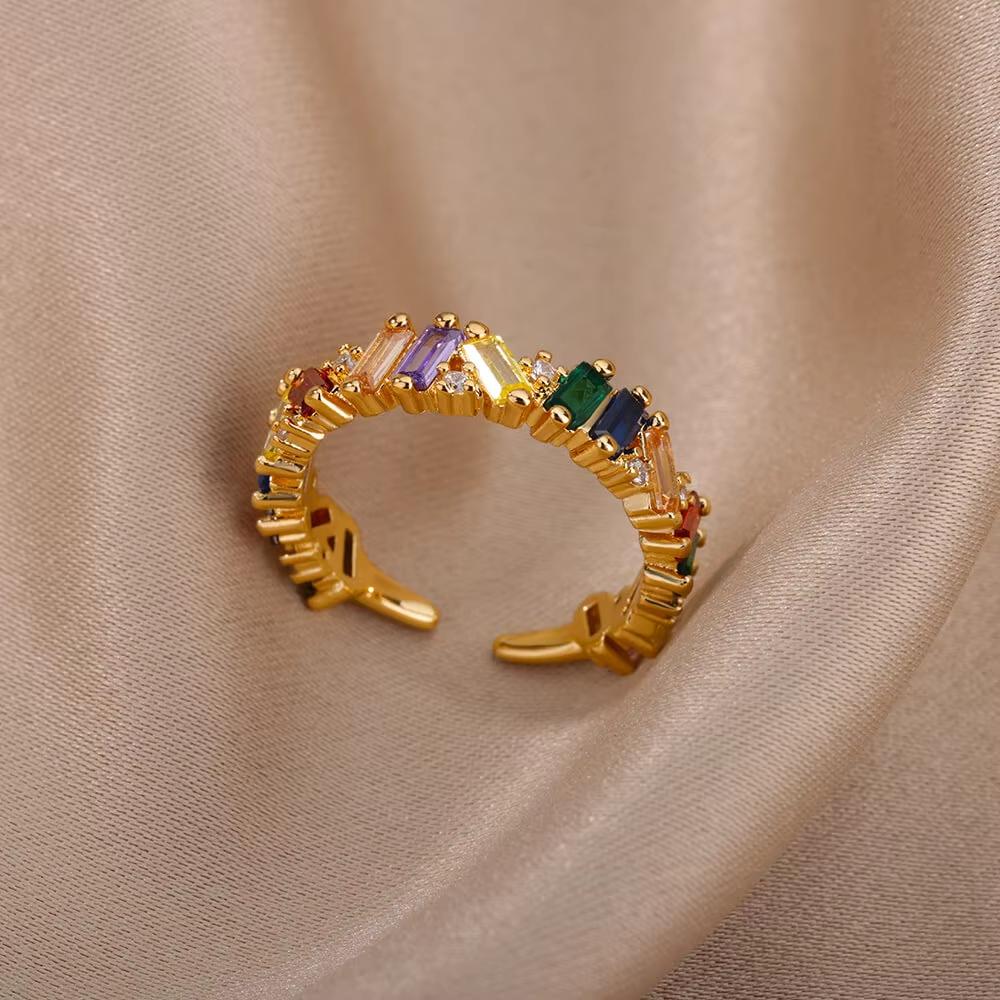 Luxry Colorful Zircon Opening Rings For Women Stainless Steel Gold Color Irregular Geometric Shiny Crystal Ring Fashion Zircon