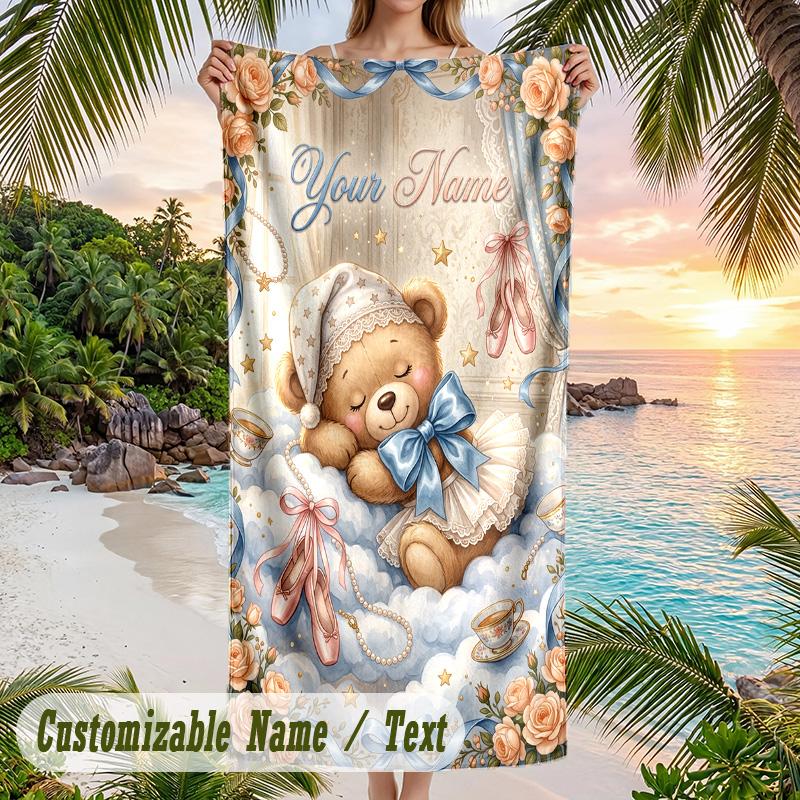Teddy Bear Theme Beach Towel Personalized Custom Name & Text Soft Quick Dry Beach Towel for Swimming Travel