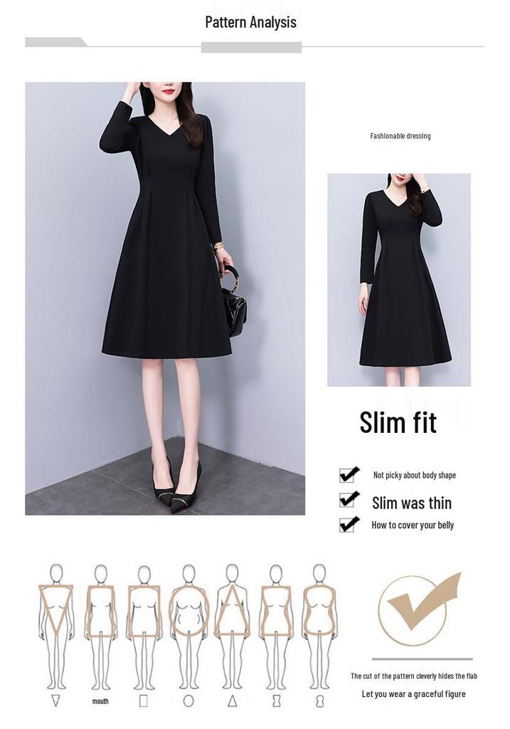 Elegant Black V-Neck Plus-Size Long-Sleeve Dress for Spring and Autumn