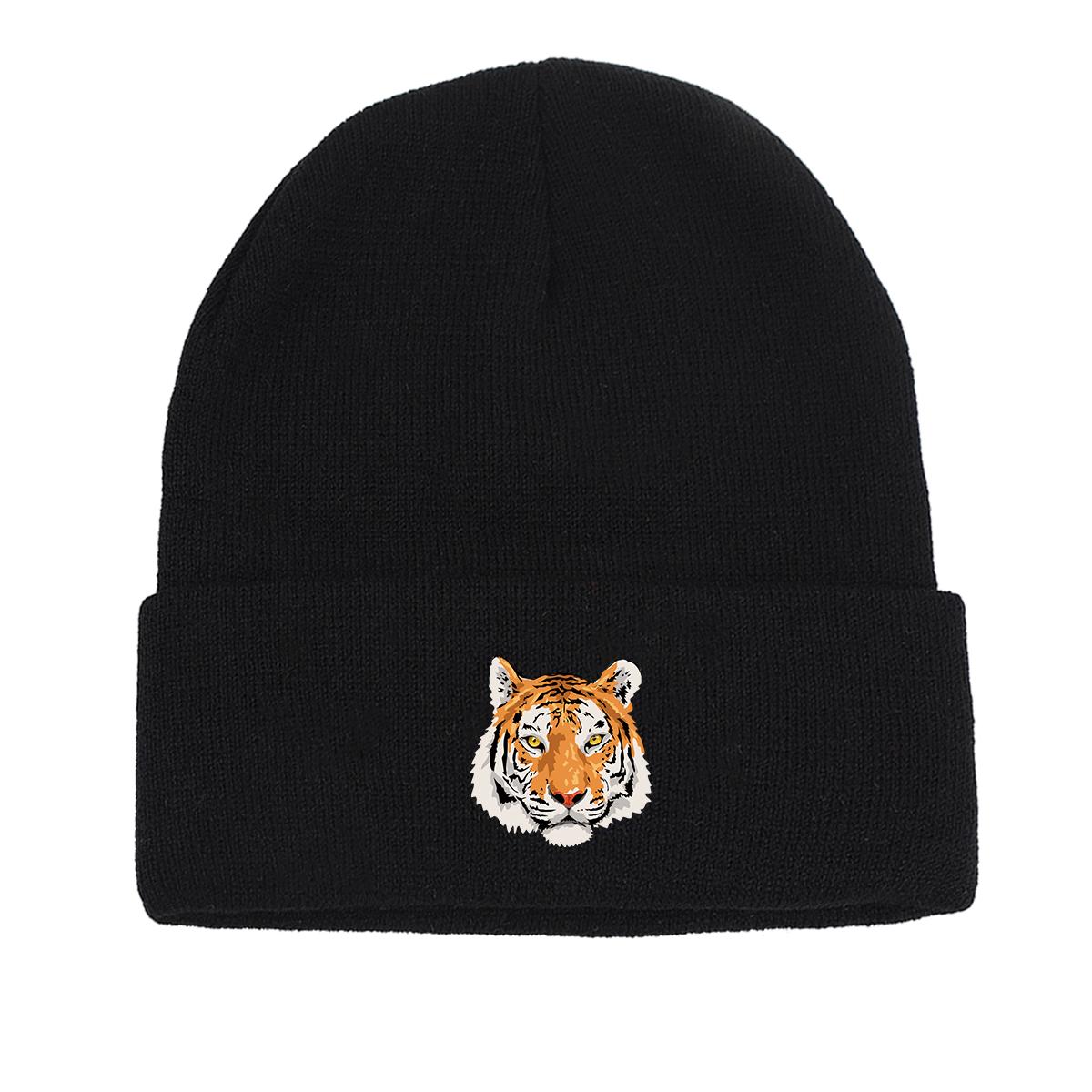 

Tiger Warm Knit Cap Beanie, Animal Skull Cap Cozy Slouchy Solid Color Headwear Knitted Hat Beanie as the picture чёрный