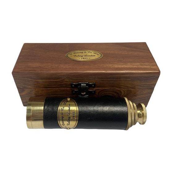 38.1 cm Brass Leather or Black Gunmetal Finish Telescope in a wood box.