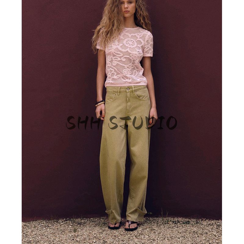 Summer New Arrival Women's round Neck Silm Short Sleeve T-shirt Flower Print Texture Knitting Tops 0234006