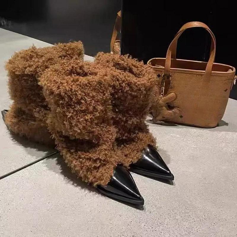 

New Design Style High Heels Women Long Boots Pointed Toe Furry Ladies Ankle Booties Hottie Botas De Inverno Feminina 42 коричневый