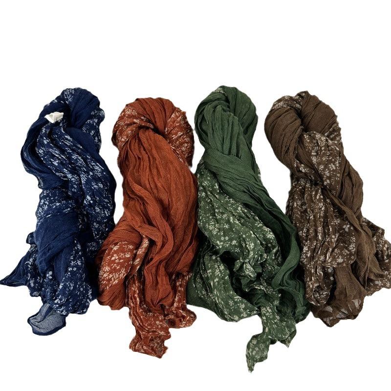 Women's Cotton and Linen Scarf Printed Pleated Scarf Vintage Scarf Small Floral Scarf