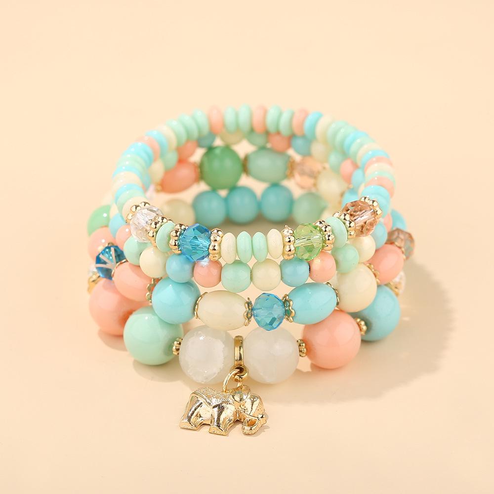 Bohemian Ethnic Style Layered Beaded Bracelet Set with Elephant Pendant and Stackable Crystal Accents