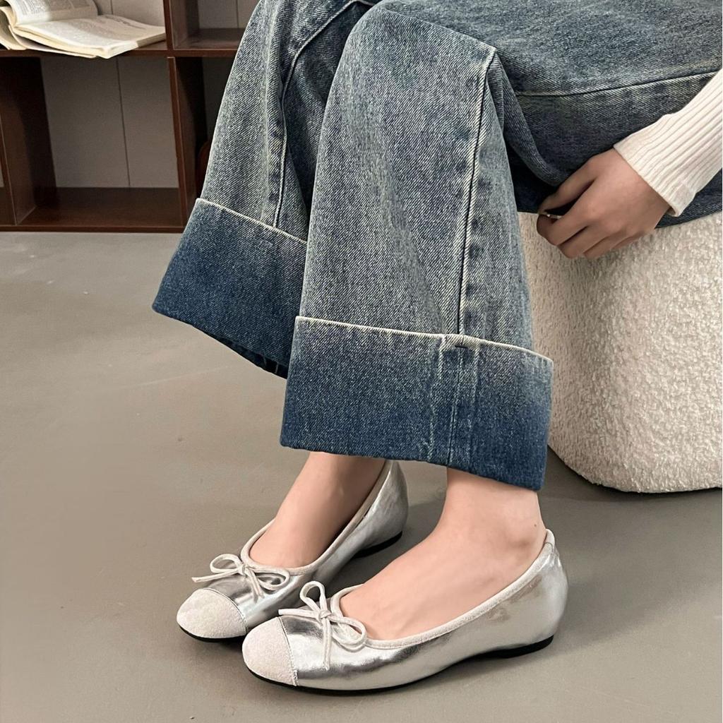 French Silver Inner Height Increase Single Shoes Women's 2025 New Spring and Summer Shallow Mouth Mary Jane Evening Shoes Ballet Style Beanie Shoes