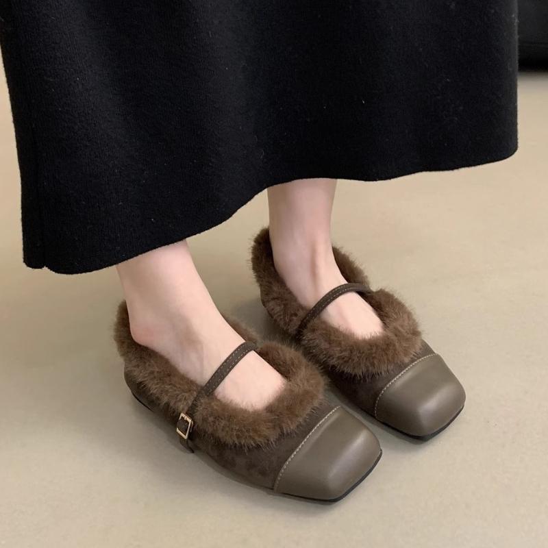Fashion Fur Shoes Women's 2024 Fall Winter Color-block Chain Insulating Fashion Shallow Single Shoes One-line Buckle Mary Jane Shoes
