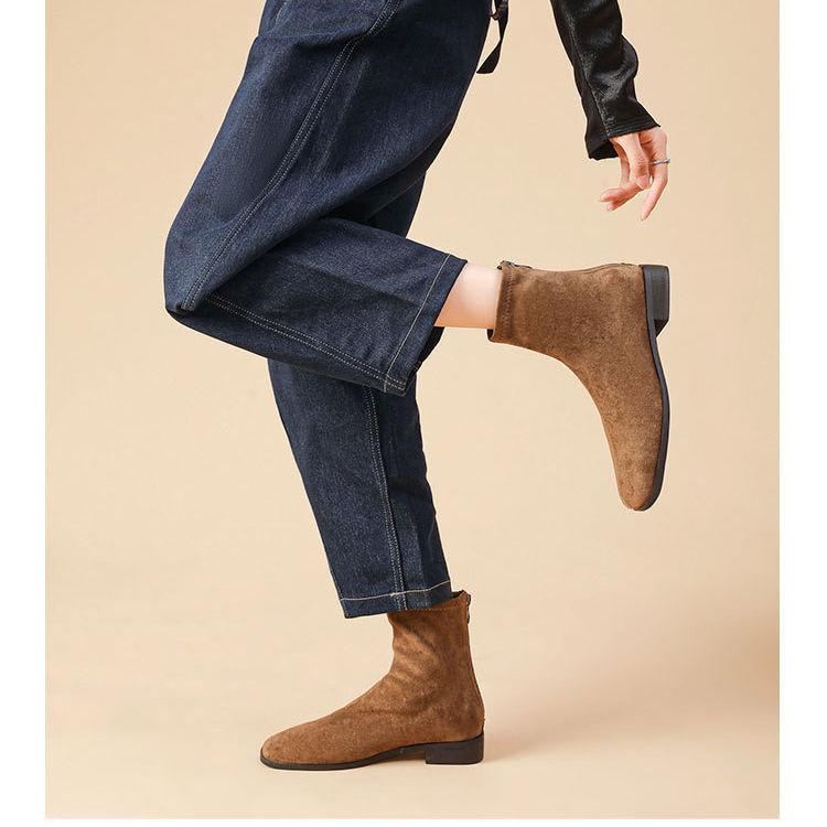 Retro Style 2025 Spring and Autumn New Thick Heel Small Square Head Black Elastic Wide Tube Boots Low Heel Women's Short Boots French