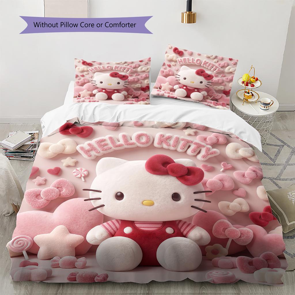 Hello Kitty Cute Pattern Bedding,Quilt Set Quilt Cover Pillowcase Home Birthday Gift(1 * Duvet Cover + 2 * Pillowcase, Without Core)