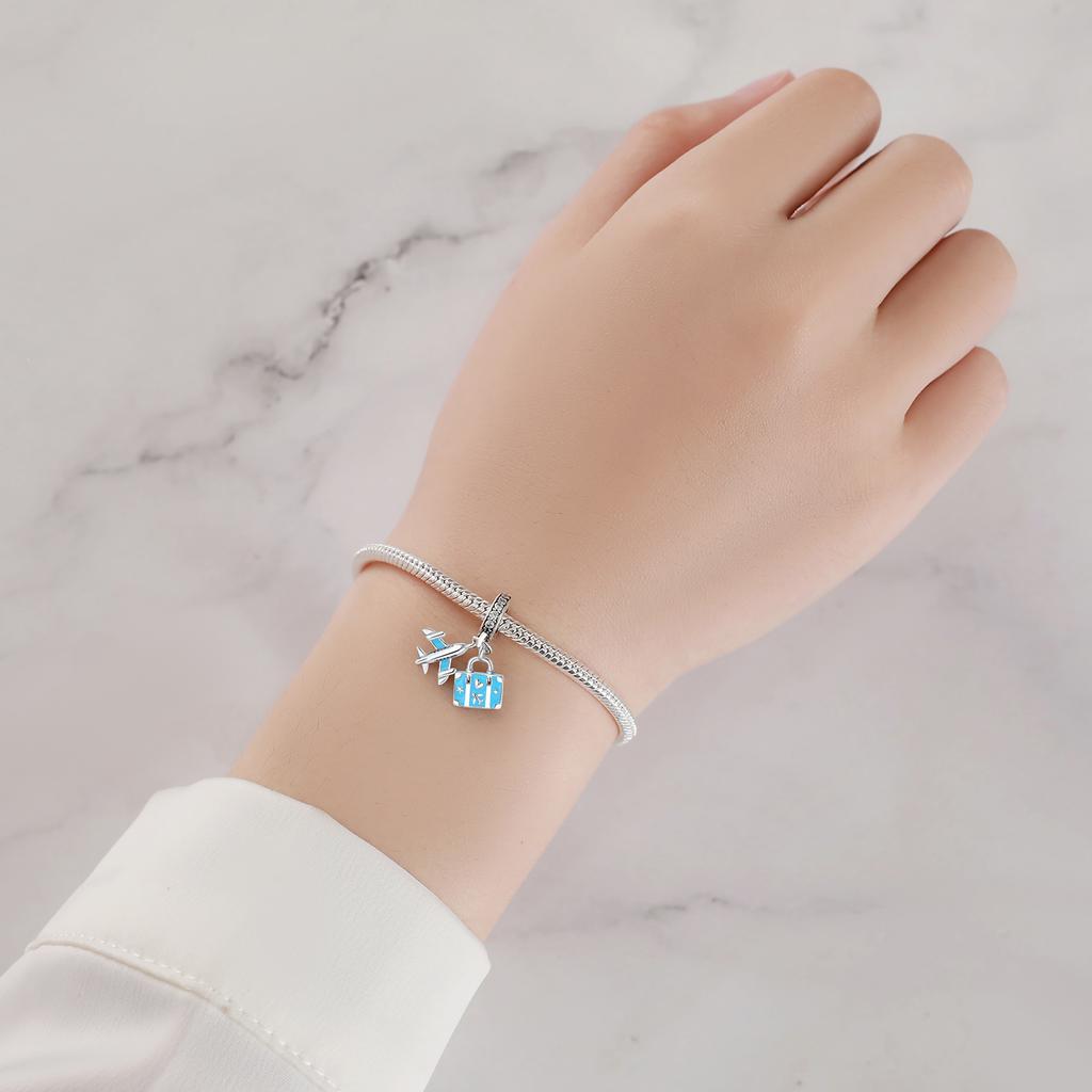 Beads Copper Charms Original Blue Airplane Travel Case Pendant Beads Fit Bracelet Jewelry Diy Women Gift Accessory
