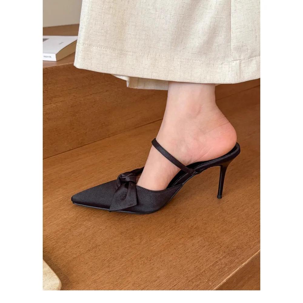 New Black Butterfly Knot Women Slingbacks Heels Shoes Sexy Dress Thin Heel Pointed Toe Mules Ladies High Heels Women Pumps