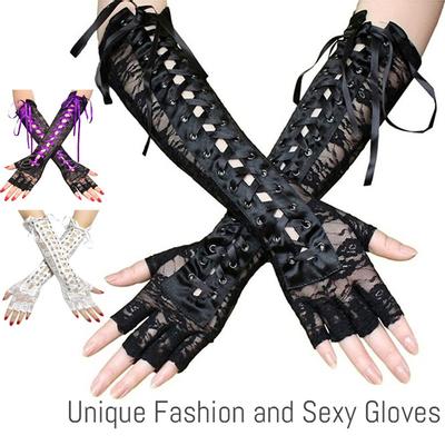 Moda feminina halloween sem dedos cosplay luva retro luvas steampunk gótico longo laço espartilho braço cotovelo luvas