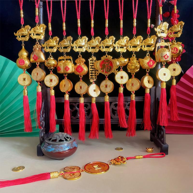 Chinese New Year Gold Color Plastic Horse Pendant Long Red Tassel Ornaments For Car Home Decor Lucky Charm Hanging Decoration