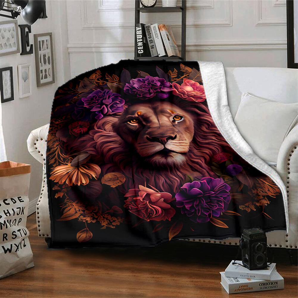 1Pc Lion Amidst Floral Splendor Flannel Blanket, Soft And Comfortable, Casual Warm, Camping Travel, Christmas, Halloween Xmas Gift. G1130