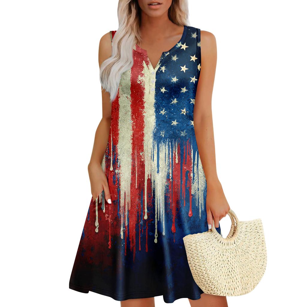Damen Sommerkleider Lockeres V-Ausschnitt Ärmelloses Sommerkleid Kleid Mit Taschen