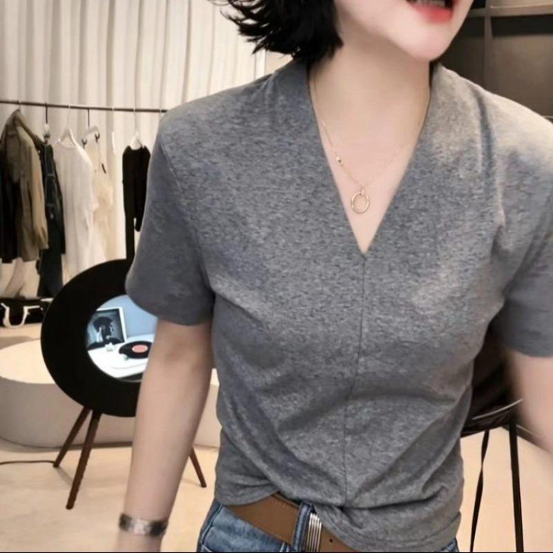 A Popular Live Broadcast, a New Fashionable V-neck Solid Color Simple and Versatile Short-sleeved T-shirt In Summer
