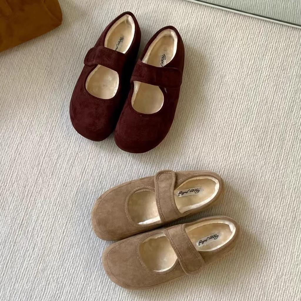 Fleece flat-soled coffee-colored single shoes women's shoes autumn and winter warm cotton shoes Korean version retro word with Mary Jane Mao Mao shoes