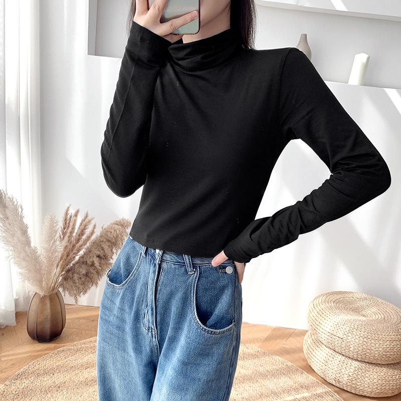 Kadın Dar Kesim Yüksek Yakalı Crop Top Uzun Kollu Gömlek