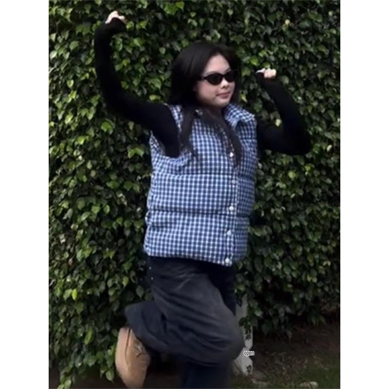 

2024 Женский теплый свободный жилет-куртка в синюю клетку - Толстый хлопок с запахом для осени/зимы. M