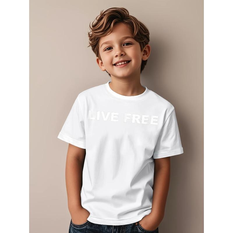 European sizes Live Free Christian Conservative Slogan T-Shirt - White Short Sleeve Round Neck Casual Tee with Black & White Lettering
