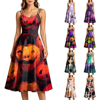 Women's Casual Halloween Print Round Neck Sleeveless Dress for Holiday Party