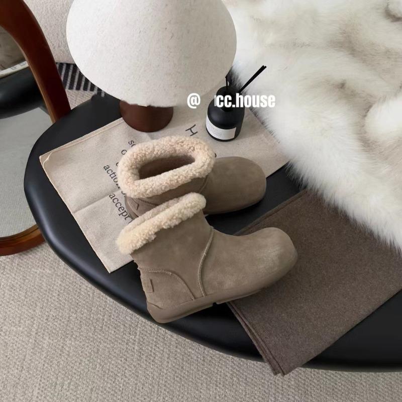 Cowhide version retro round head short boots women's velvet low-top snow boots warm large cotton shoes thick-soled fluffy boots