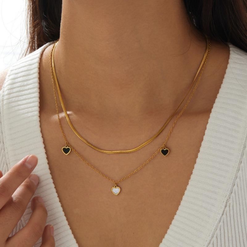 Gold Plated Double Layer Necklace with Black and White Heart Charms Fashion Jewelry for Women