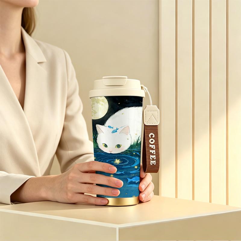 Coffee Mug 532ml White Cat Stargaze Fish Motif Flip Sip Coffee Mug Commuter Coffee Cup Car Handy Cup Large Travel Coffee Cup Coffee Mug 532ml