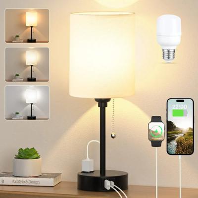 Petite Lampe de Table LED Rechargeable Lumière à Chaînette Lampe de Lecture avec Prise AC Abat-jour Beige de Chevet pour Chambre Enfant