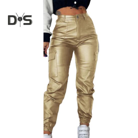 

Женские брюки из искусственной кожи, гладкие, мягкие, дышащие, с высокой эластичной талией, с карманами на щиколотках, застежкой-молнией и пуговицами, облегающие брюки для мотоциклистов L жёлтый