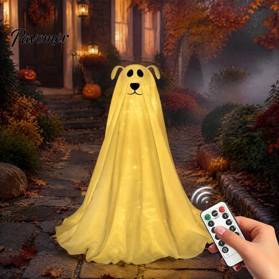 Chien fantôme lumineux pour patio, décoration d'Halloween éclairée, figurine autonome mignonne et effrayante à piles avec télécommande et guirlande lumineuse pour porte d'entrée,