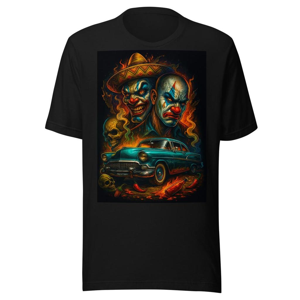 Payasos Lowrider Fire Art – Dual Clown Faces, Mexican Heat & Classic Car Illustration Unisex T-shirt