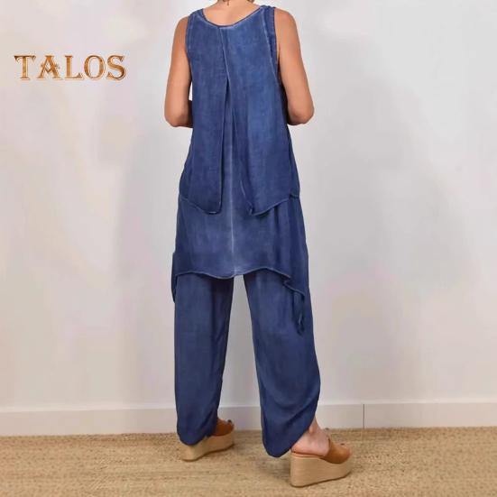 Two Piece Outfits for Women Casual Sleeveless Irregular Top Wide Leg Pants Set Loose Lounge Suit for Summer