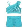 Dívčí Sequin Crop Top Set Asymetrické volánkové ramínka V-výstřih v přední části Pasové šortky Tanec Soutěž