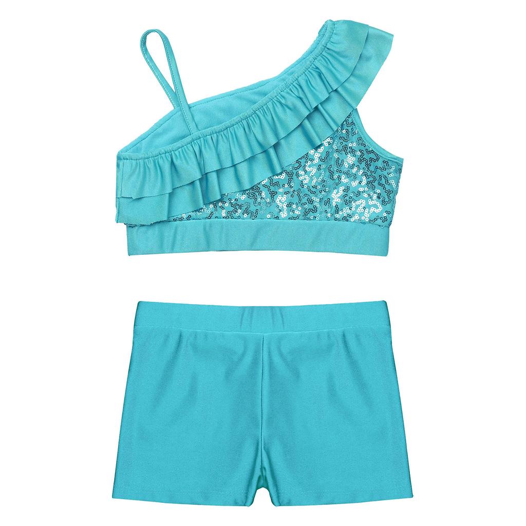 Dívčí Sequin Crop Top Set Asymetrické volánkové ramínka V-výstřih v přední části Pasové šortky Tanec Soutěž