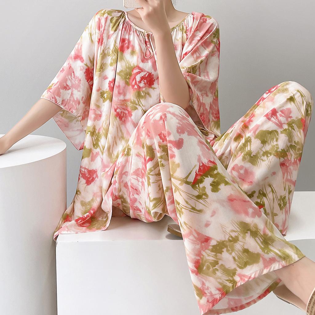1011 new short-sleeved cotton and silk pajamas for women's summer thin printing loose and relaxed loungewear suit