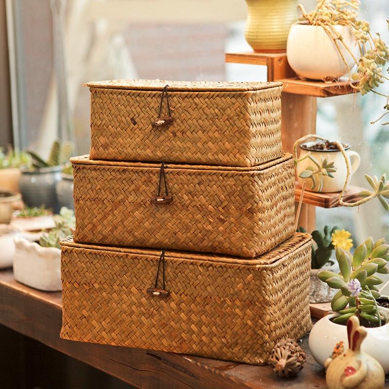 3pcs Handcrafted Grass Woven Storage Box With Lid Lock Gifts Xmas Hamper Basket