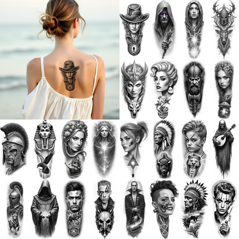 12pcs Temporary Tattoo  waterproof long-lasting body stickers Native American Chief Tattoo Fantasy Woman Tattoo Wizard Tattoo