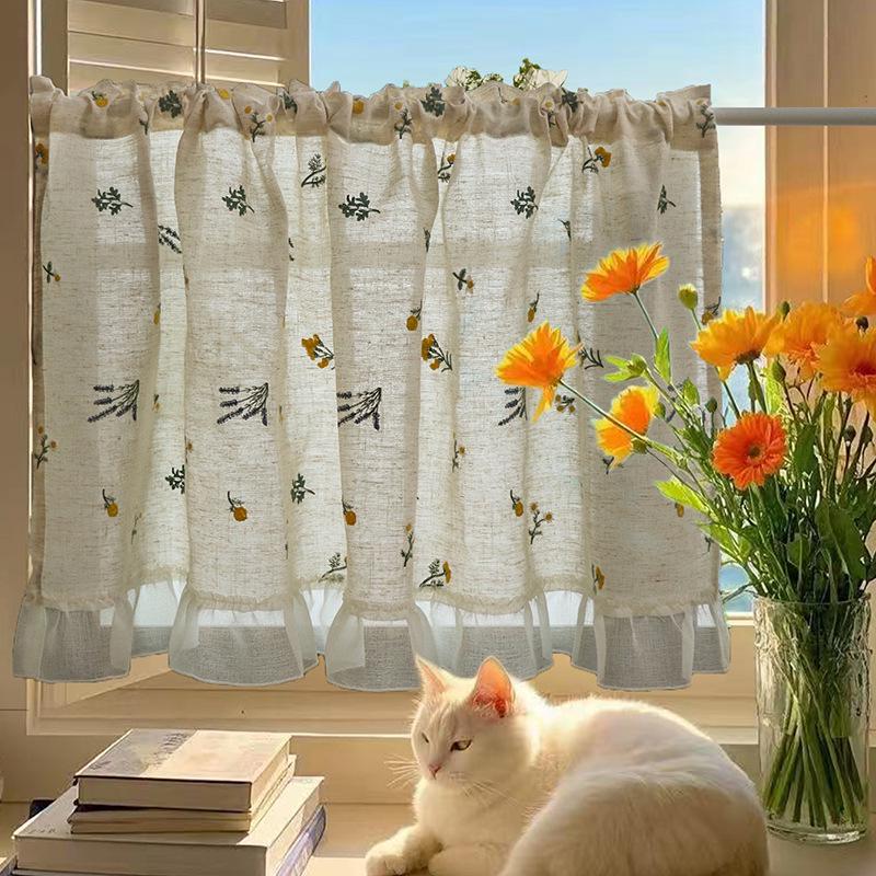 Double Layer High-End Embroidered Kitchen Cabinet Blackout Café Curtain