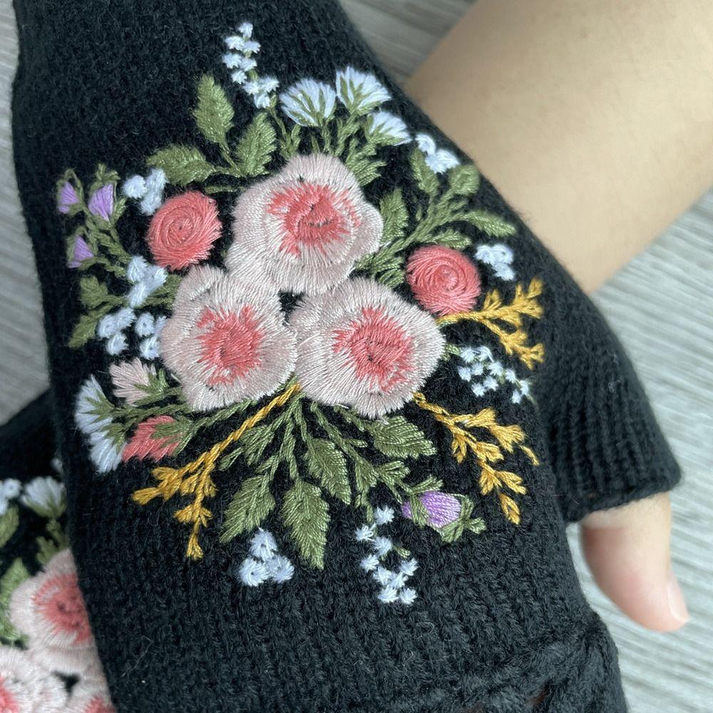 Vintage Embroidery Knitted Gloves Floral Fingerless Gloves All-Match Winter Wool Gloves  Outdoor