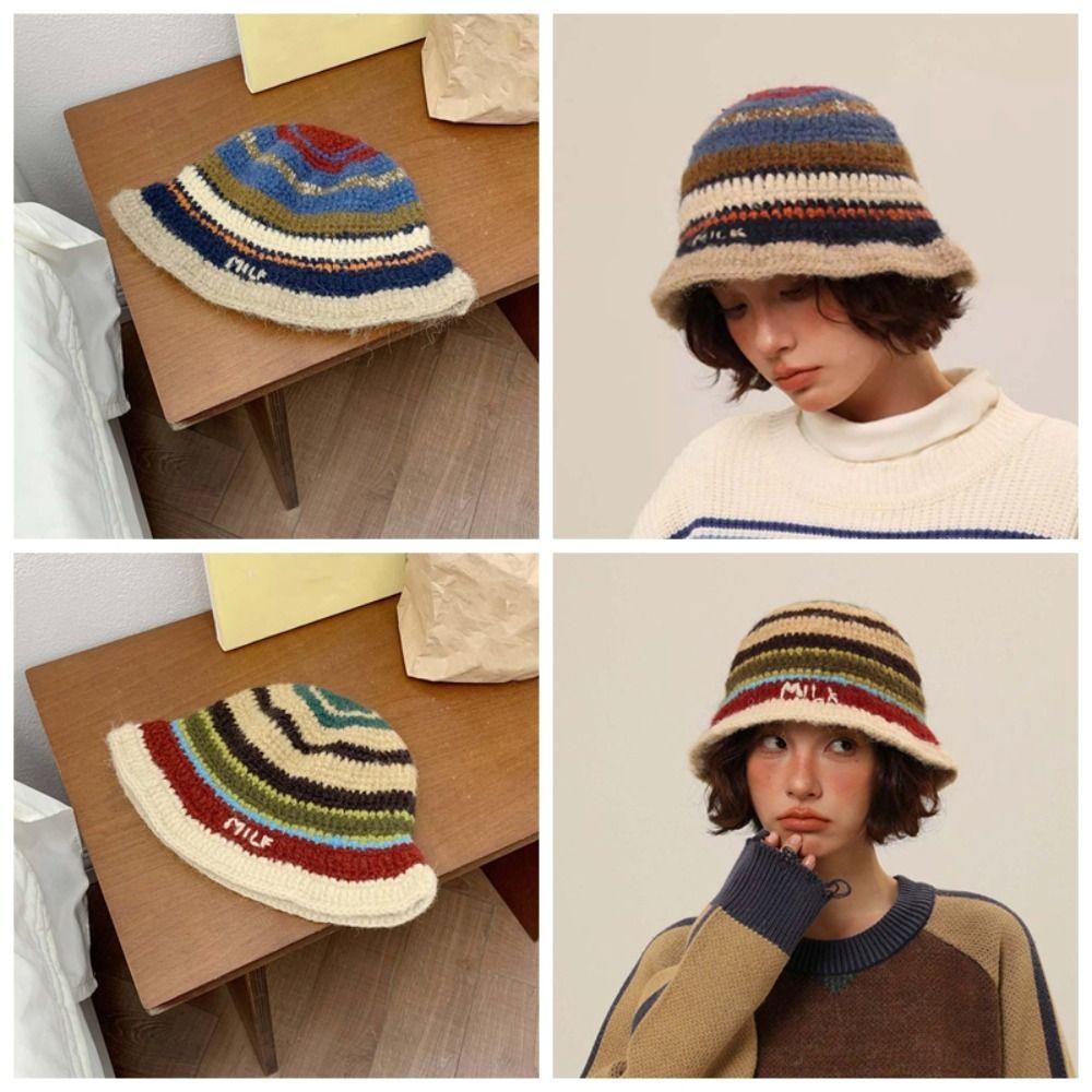 Anti-cold Knitted Bucket Hat Warm Woven Basin Cap Seaside Beach Cap Striped Fisherman Hat  Vacation
