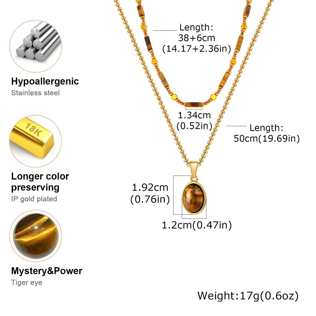 Collier œil de tigre naturel pour femme, Collier ras-de-cou superposé avec pendentif perlé style bohème, Bijou pierre irrégulière